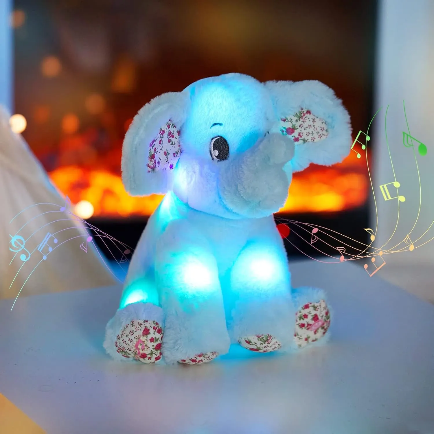 12‘’ Musical Light up Elephant Plush Toy Floppy LED Stuffed Animals Lullabies Nightlight Bedtime for Kids Birthday for Toddlers, Blue