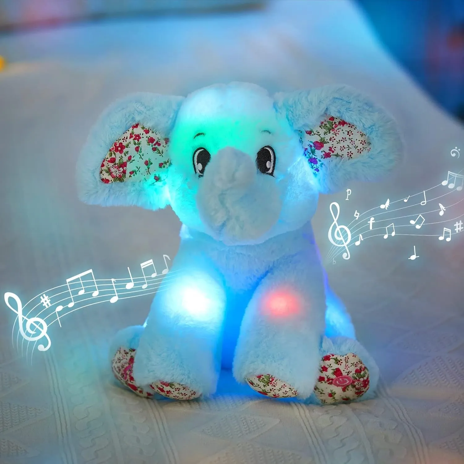 12‘’ Musical Light up Elephant Plush Toy Floppy LED Stuffed Animals Lullabies Nightlight Bedtime for Kids Birthday for Toddlers, Blue