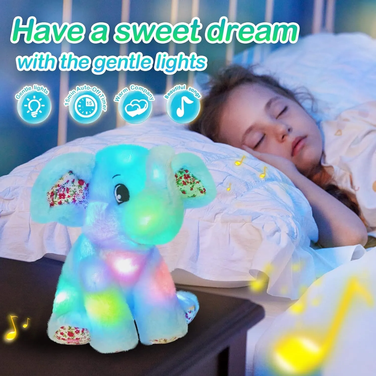 12‘’ Musical Light up Elephant Plush Toy Floppy LED Stuffed Animals Lullabies Nightlight Bedtime for Kids Birthday for Toddlers, Blue