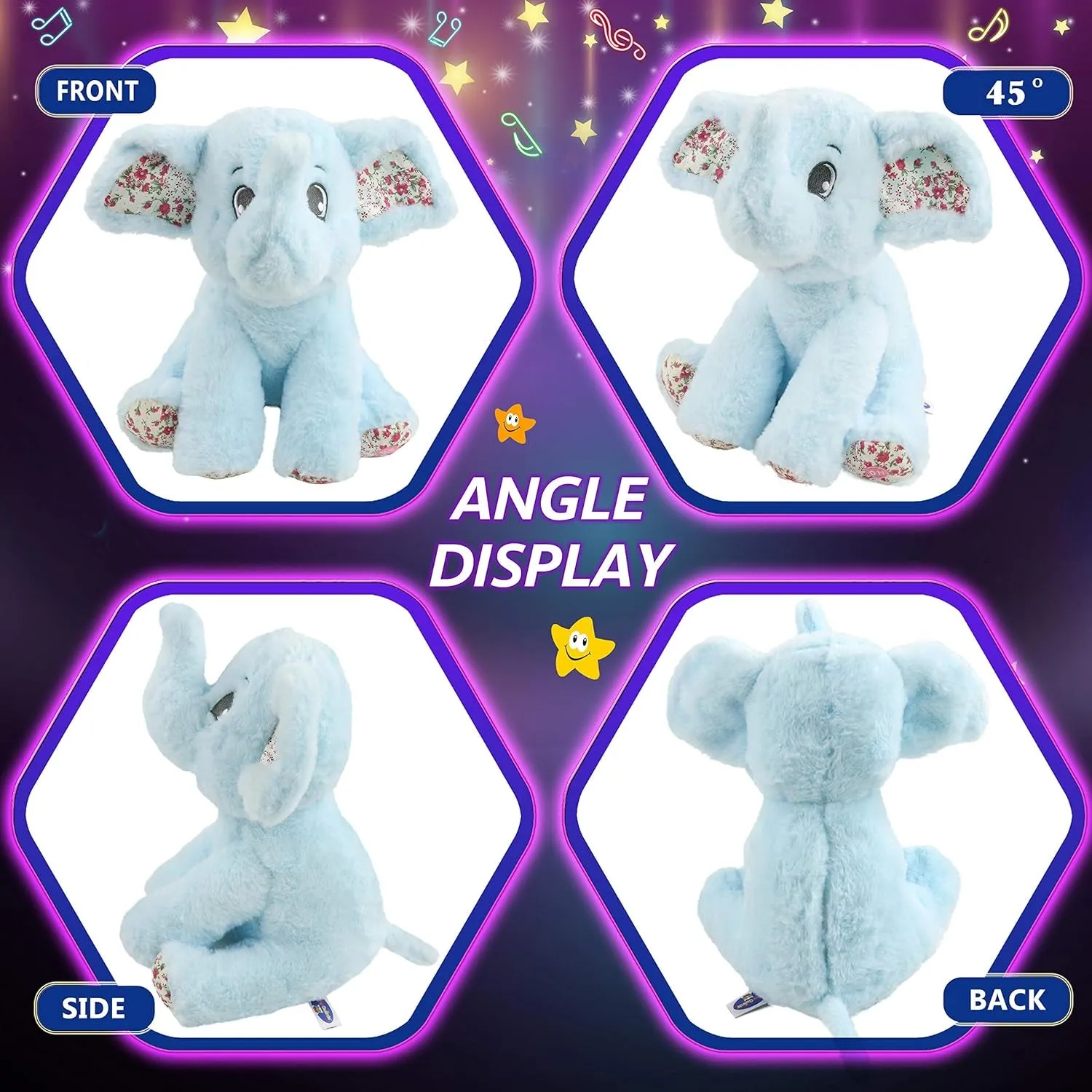 12‘’ Musical Light up Elephant Plush Toy Floppy LED Stuffed Animals Lullabies Nightlight Bedtime for Kids Birthday for Toddlers, Blue