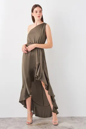 13399 Olive Green One Sleeve Asymmetric Dress