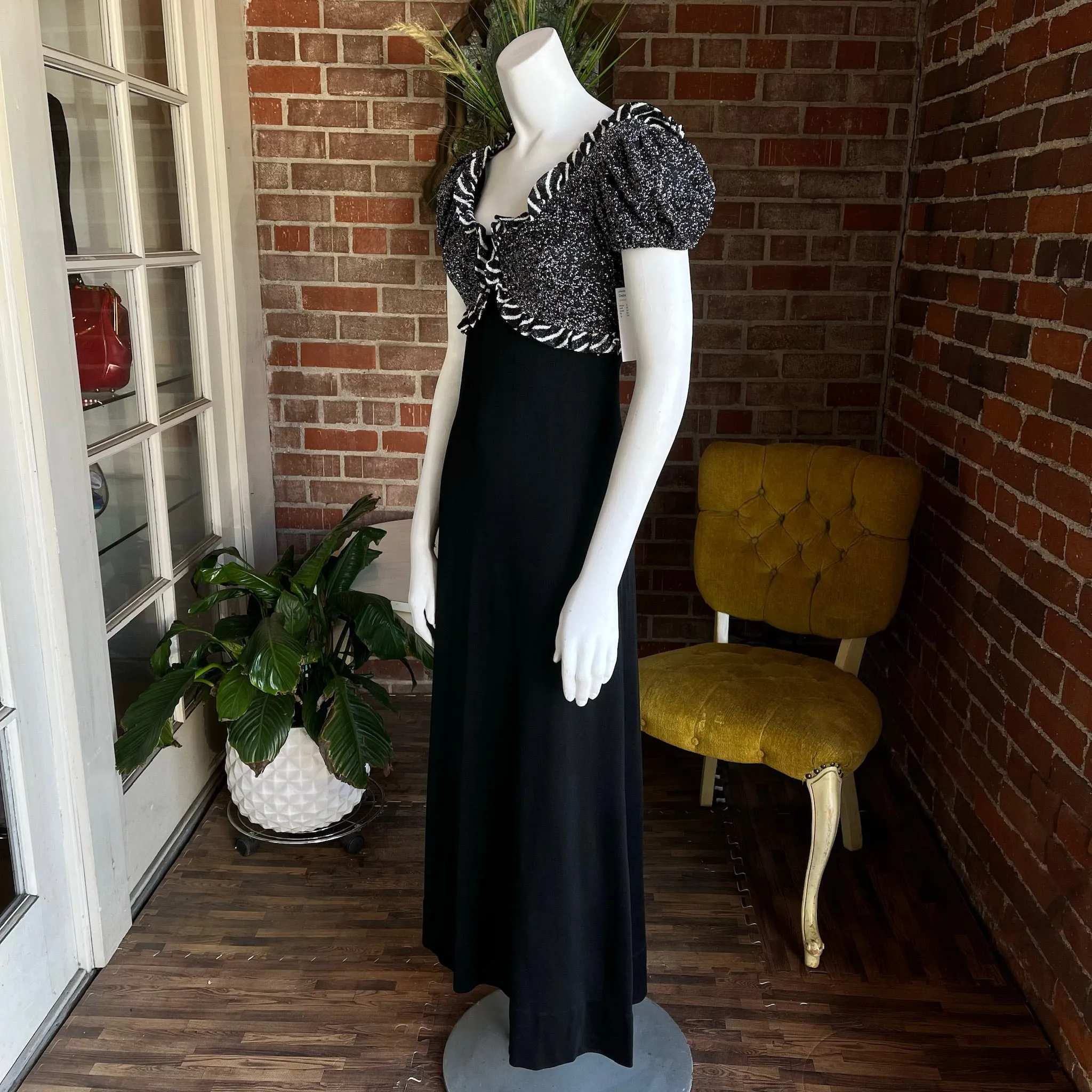 1970s Ruffled Lurex Maxi Dress