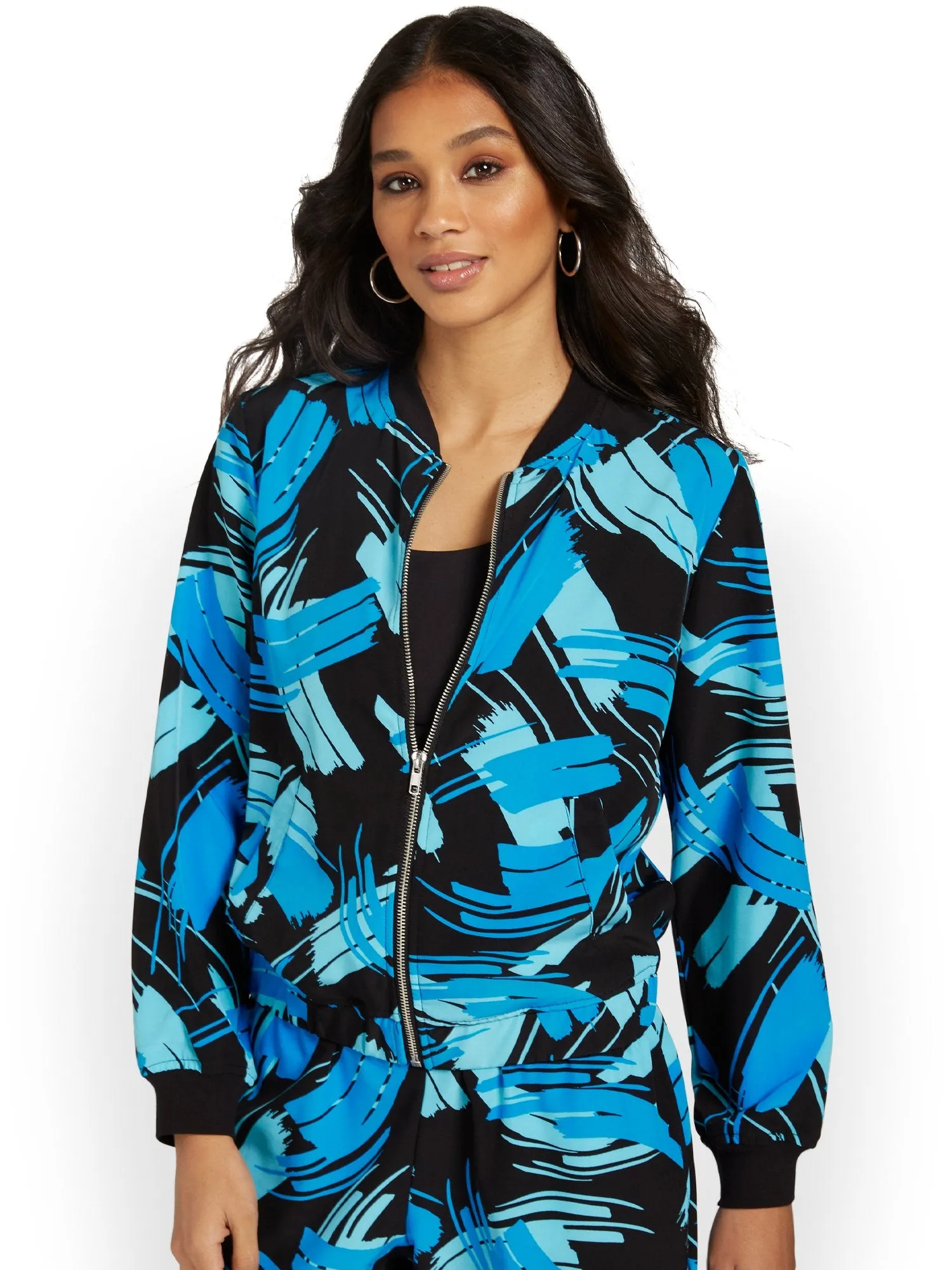 Abstract-Print Zip-Front Woven Jacket