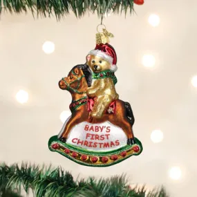 Baby's First Christmas Rocking Horse Teddy Glass Ornament