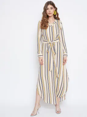 Berrylush Women Multicolour Striped Pattern V-Neck Waist Tie-Up Maxi Dress