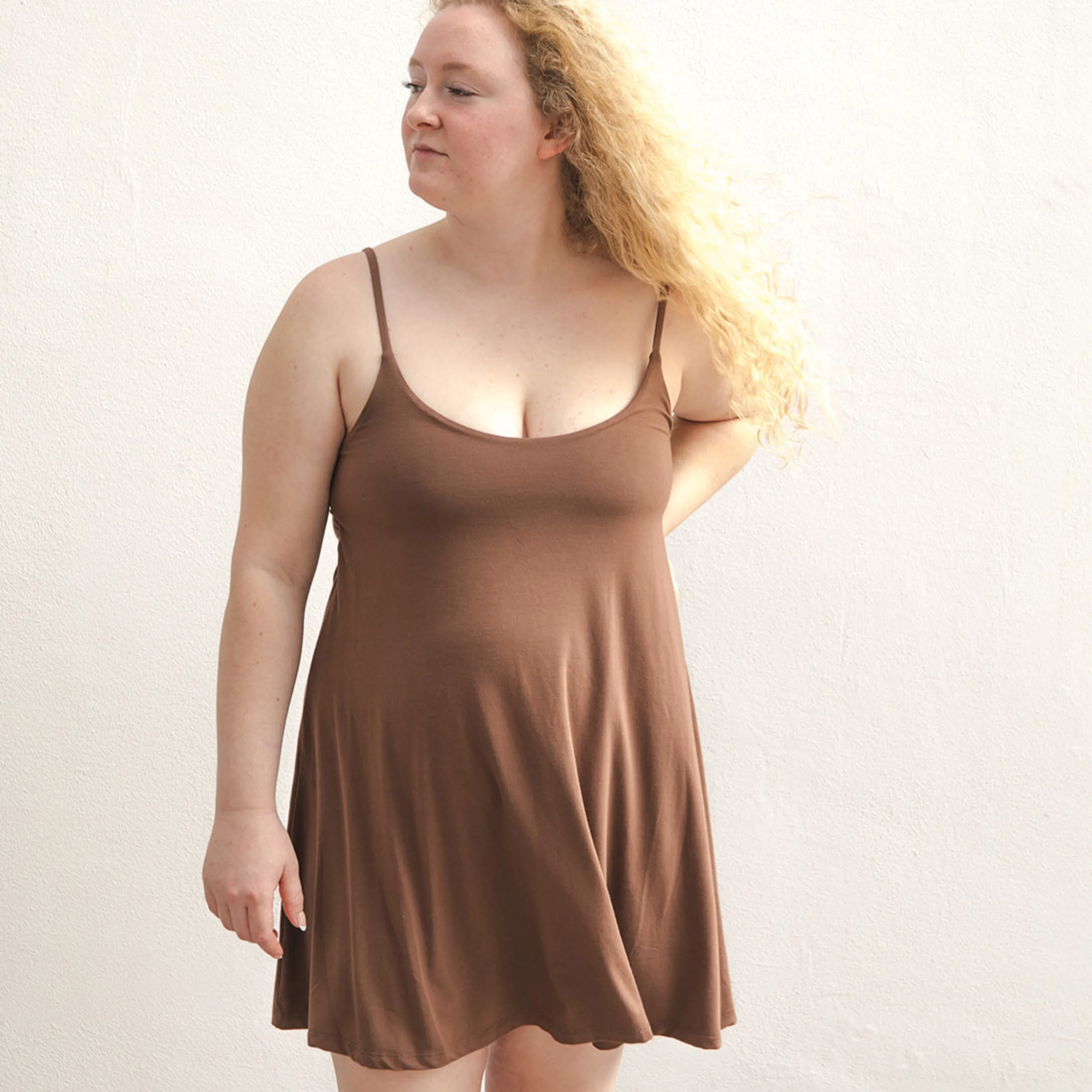 Betty Dress - Swinging Slip Dress w/ Shelf Bra - Dark Nude