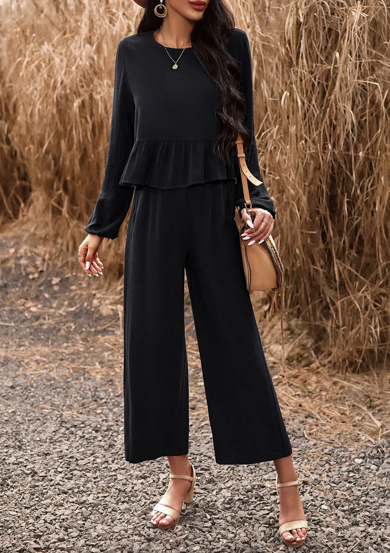 Black 2 Piece Sets Long Sleeve Tops Wide Leg Pants