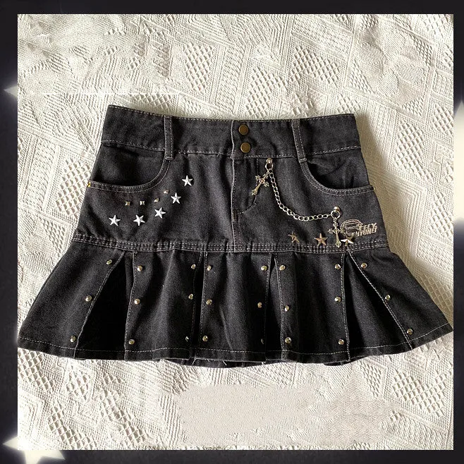 Black Denim Pleated Skirt  KF82861