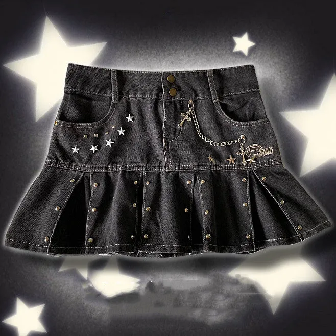 Black Denim Pleated Skirt  KF82861