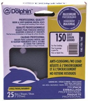 Blue Dolphin Anti-Clogging/No Load Series 5 Inch  5-Hole Hook & Loop Discs 150 Grit 25 Pack