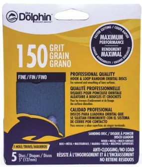 Blue Dolphin Anti-Clogging/No Load Series 5 Inch  5-Hole Hook & Loop Discs 150 Grit 5 Pack