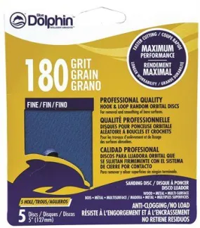 Blue Dolphin Anti-Clogging/No Load Series 5 Inch  5-Hole Hook & Loop Discs 180 Grit 5 Pack