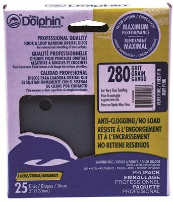 Blue Dolphin Anti-Clogging/No Load Series 5 Inch  5-Hole Hook & Loop Discs 280 Grit 25 Pack