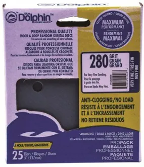 Blue Dolphin Anti-Clogging/No Load Series 5 Inch  5-Hole Hook & Loop Discs 280 Grit 25 Pack