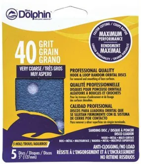 Blue Dolphin Anti-Clogging/No Load Series 5 Inch  5-Hole Hook & Loop Discs 40 Grit 5 Pack