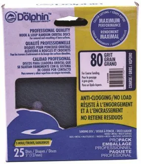 Blue Dolphin Anti-Clogging/No Load Series 5 Inch  5-Hole Hook & Loop Discs 80 Grit 25 Pack