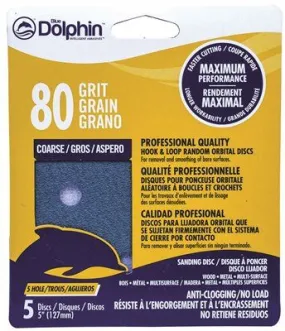 Blue Dolphin Anti-Clogging/No Load Series 5 Inch  5-Hole Hook & Loop Discs 80 Grit 5 Pack