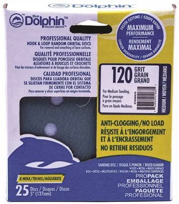 Blue Dolphin Anti-Clogging/No Load Series 5 Inch  8-Hole Hook & Loop Discs 120 Grit 25 Pack