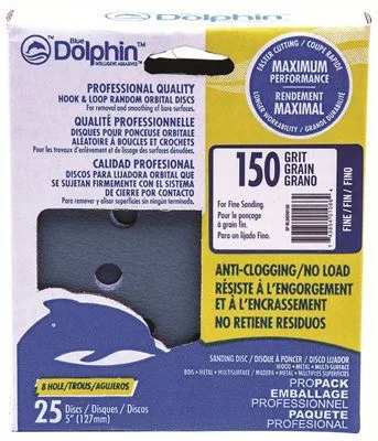 Blue Dolphin Anti-Clogging/No Load Series 5 Inch  8-Hole Hook & Loop Discs 150 Grit 25 Pack