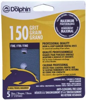 Blue Dolphin Anti-Clogging/No Load Series 5 Inch  8-Hole Hook & Loop Discs 150 Grit 5 Pack