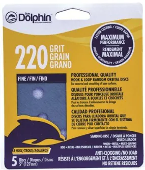 Blue Dolphin Anti-Clogging/No Load Series 5 Inch  8-Hole Hook & Loop Discs 220 Grit 5 Pack