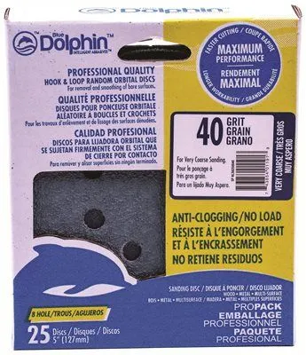 Blue Dolphin Anti-Clogging/No Load Series 5 Inch  8-Hole Hook & Loop Discs 40 Grit 25 Pack