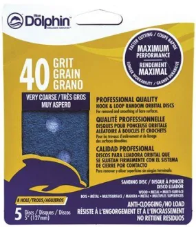 Blue Dolphin Anti-Clogging/No Load Series 5 Inch  8-Hole Hook & Loop Discs 40 Grit 5 Pack