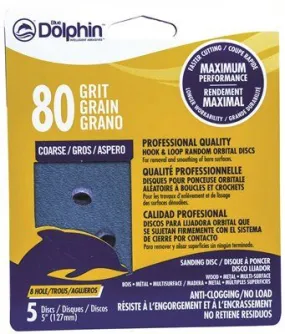 Blue Dolphin Anti-Clogging/No Load Series 5 Inch  8-Hole Hook & Loop Discs 80 Grit 5 Pack