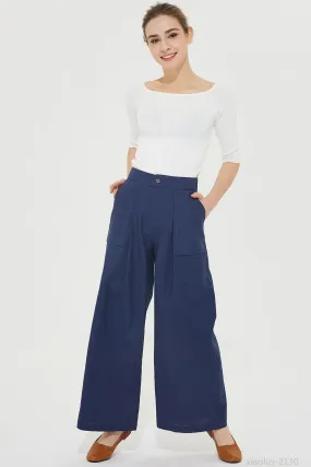 blue wide leg linen pant, palazzo linen pant 2130#