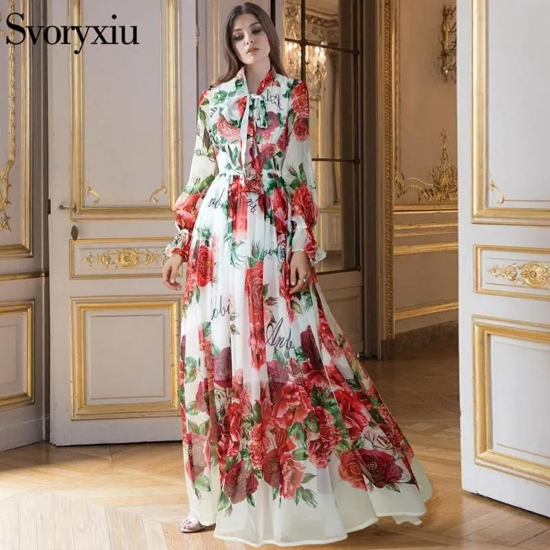 Boho Maxi Dress Women's Elegant Dress Bow Collar Floor-Length Maxi Dress