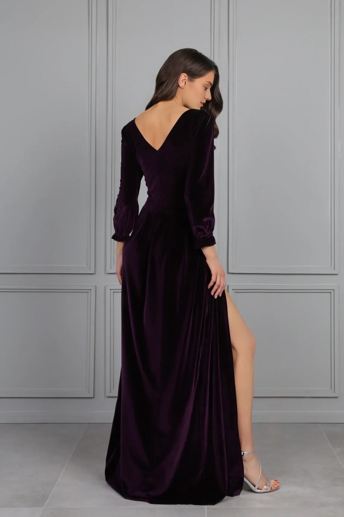 Bridesmaid Dress Velvet Dress Slit Dress V Neck Maxi Dress Winter Long Sleeve Wedding Guest Dress