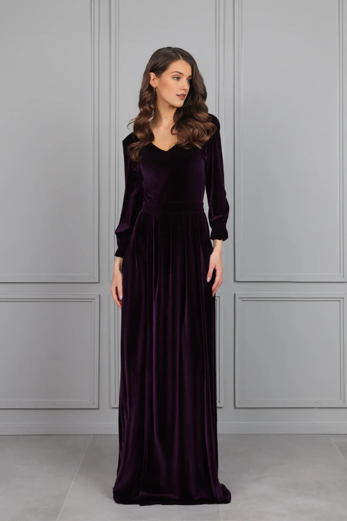 Bridesmaid Dress Velvet Dress Slit Dress V Neck Maxi Dress Winter Long Sleeve Wedding Guest Dress