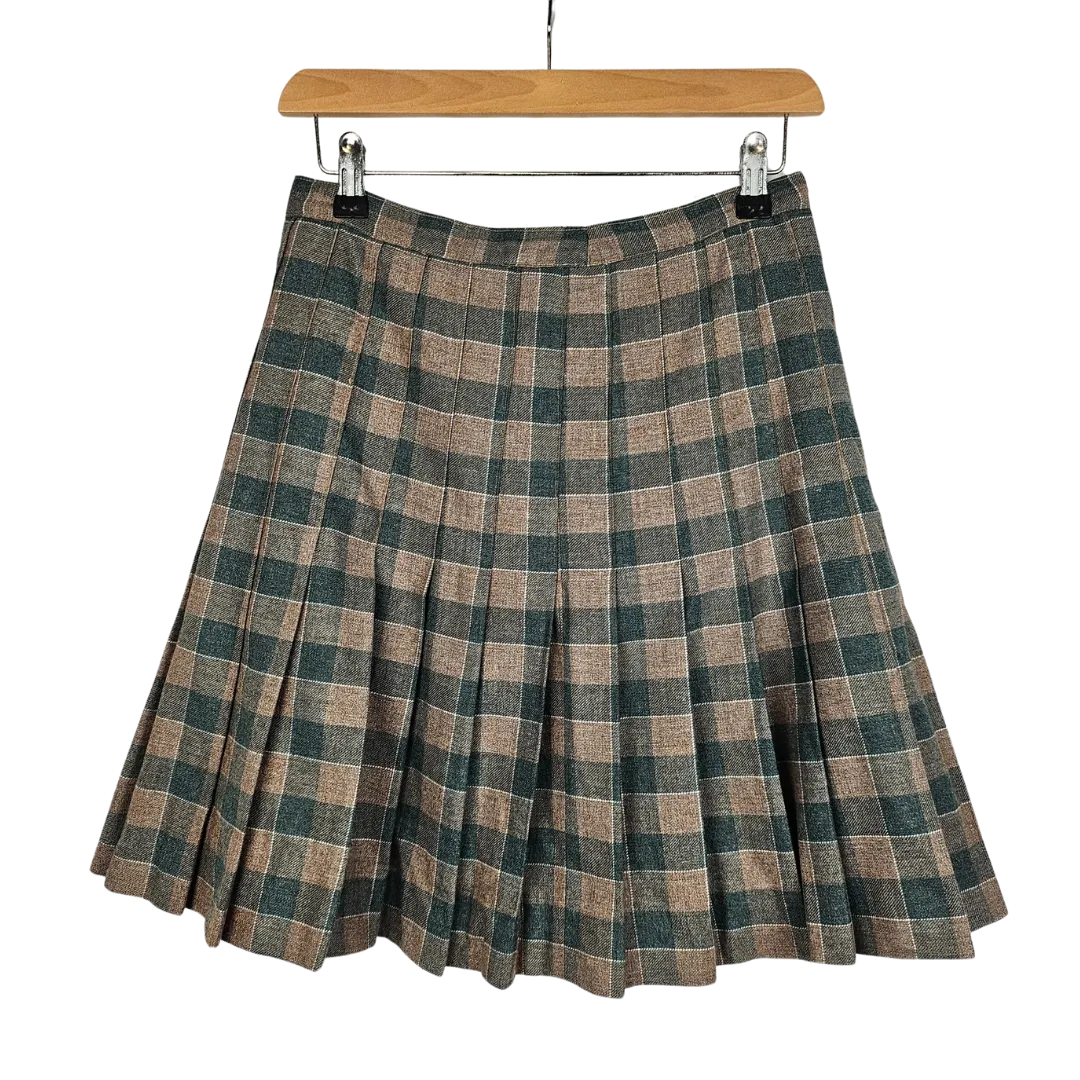 Brown and Green Check Pleated Skirt - 10