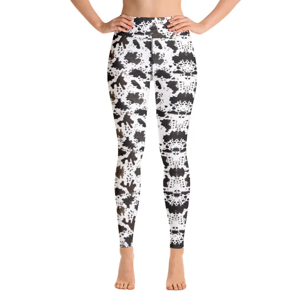 Brown Cow Print Yoga Leggings, Animal Print Women's Long Sports Tights-Made in USA/EU/MX