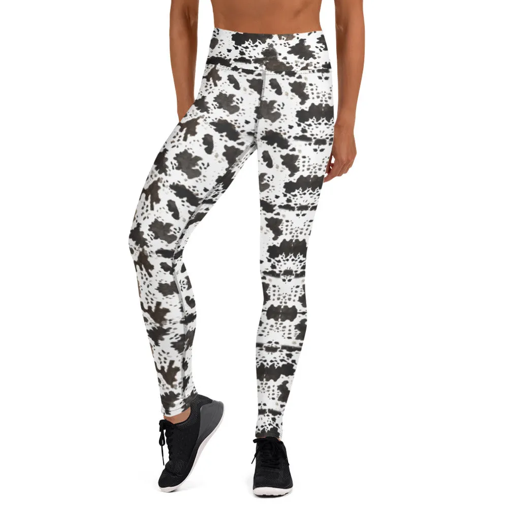 Brown Cow Print Yoga Leggings, Animal Print Women's Long Sports Tights-Made in USA/EU/MX