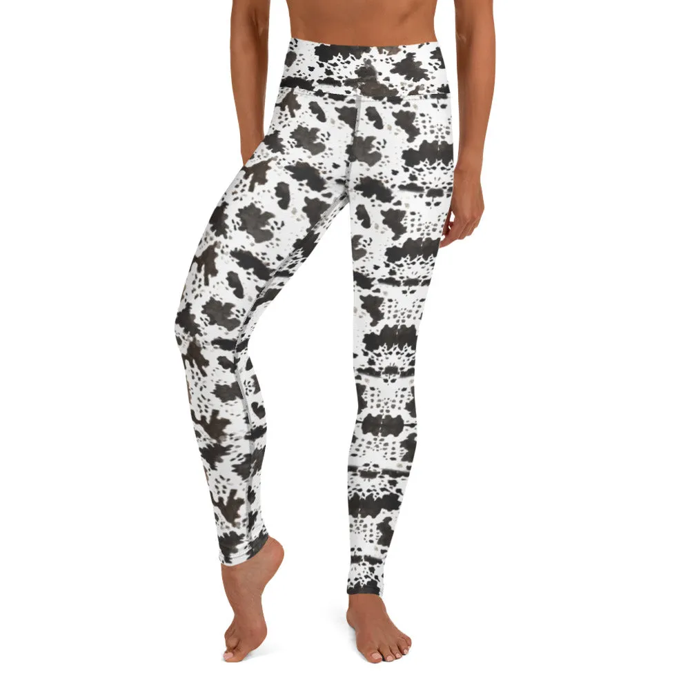 Brown Cow Print Yoga Leggings, Animal Print Women's Long Sports Tights-Made in USA/EU/MX