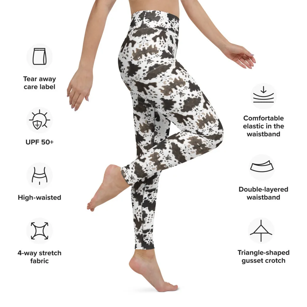 Brown Cow Print Yoga Leggings, Animal Print Women's Long Sports Tights-Made in USA/EU/MX