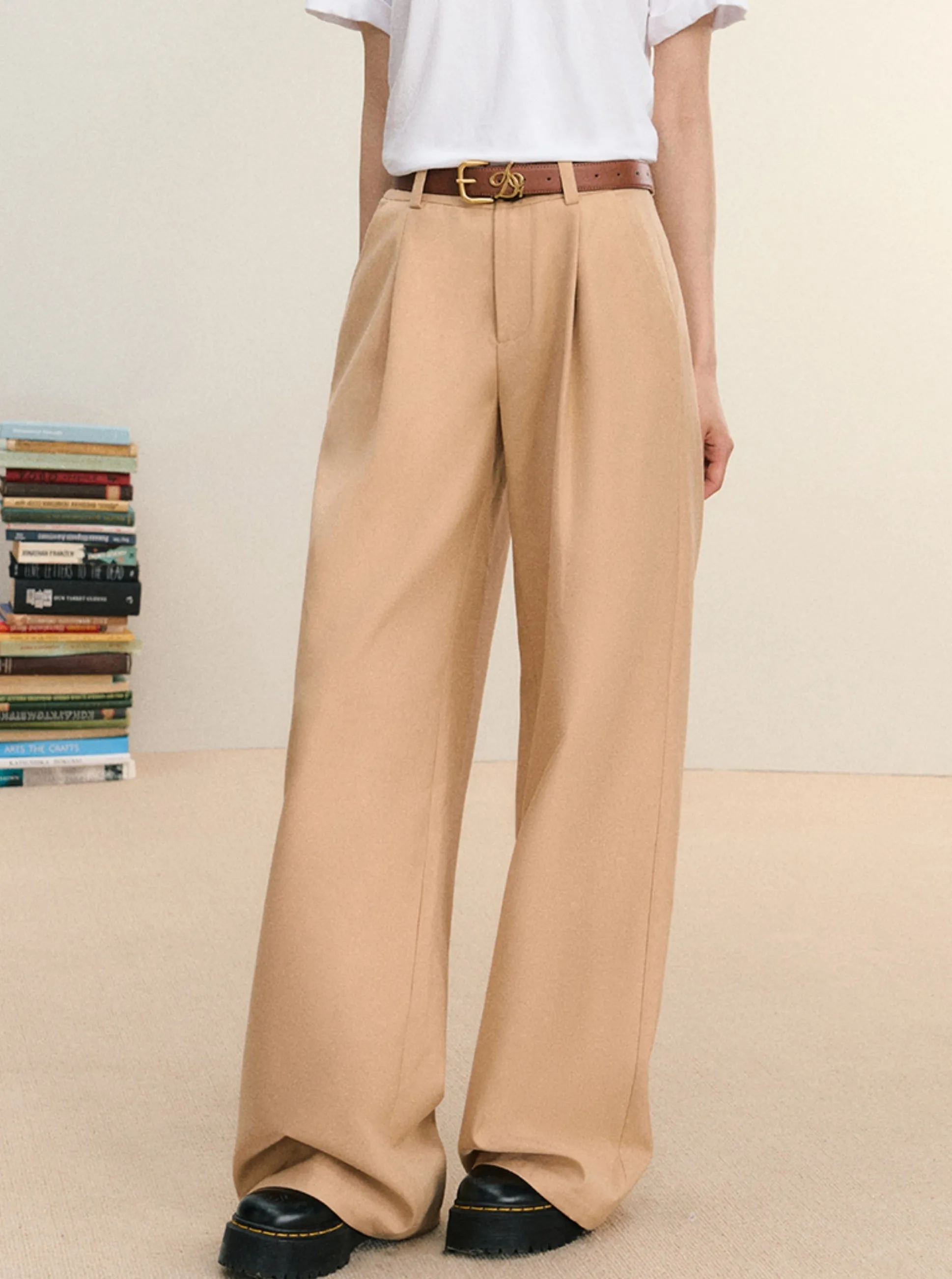 Camel Wide-Leg Trousers - High-Waisted Pleated Palazzo Pants