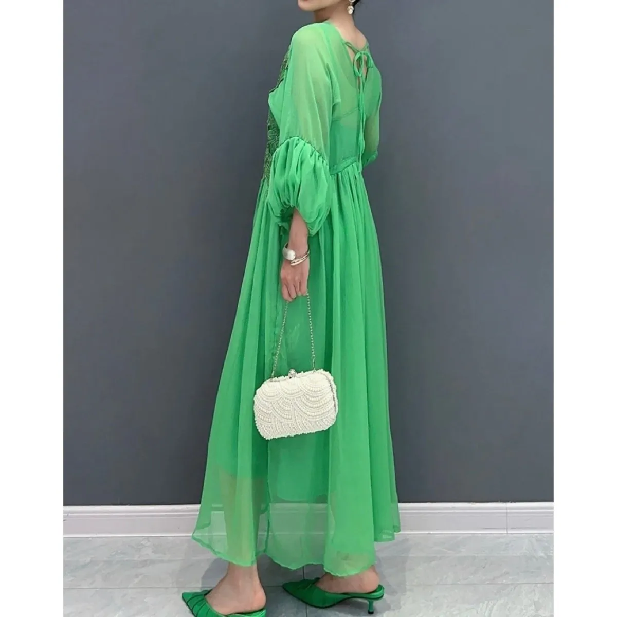 Chiffon green maxi dress with 3/4 sleeve