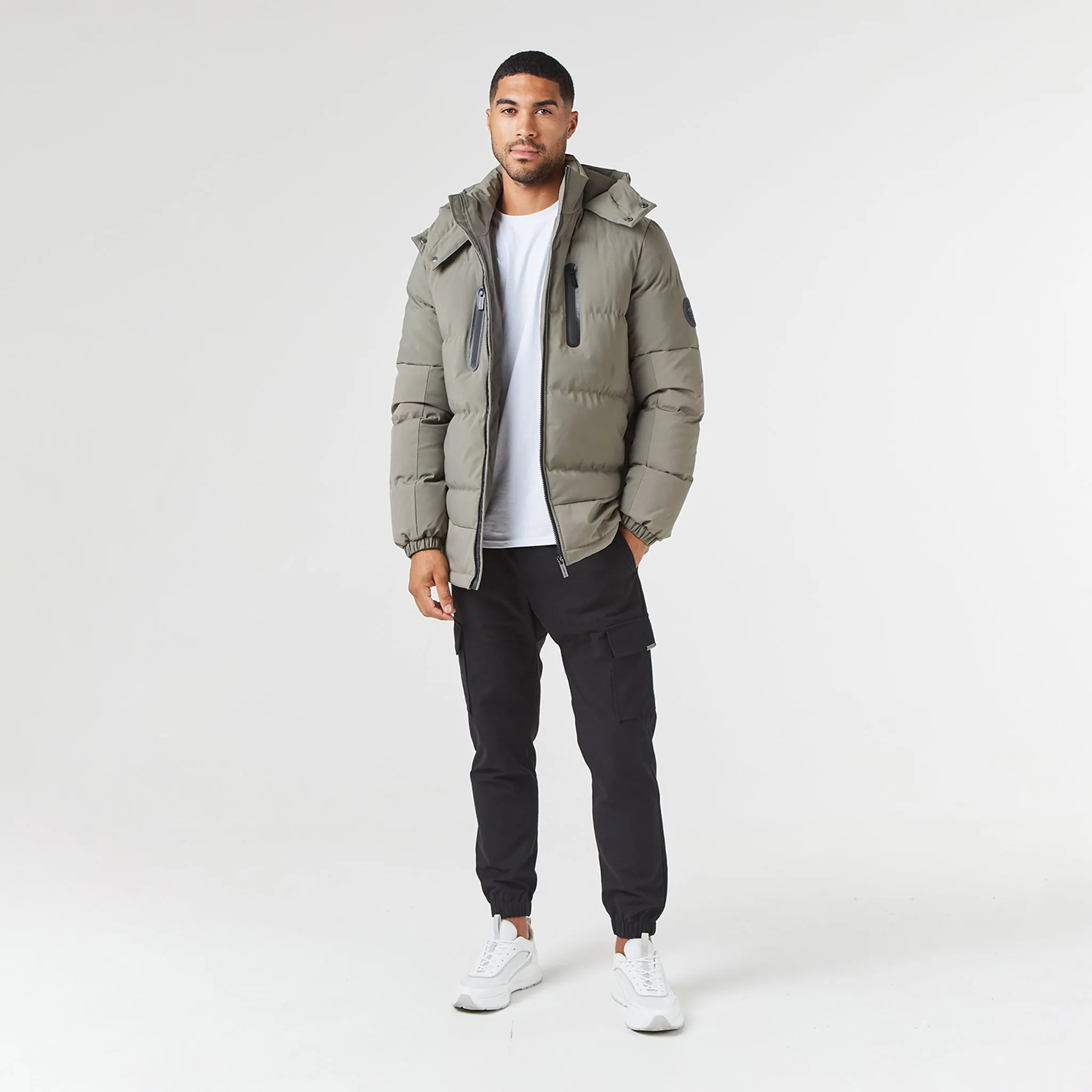 Contrast Panel Puffer Jacket | Washed Khaki