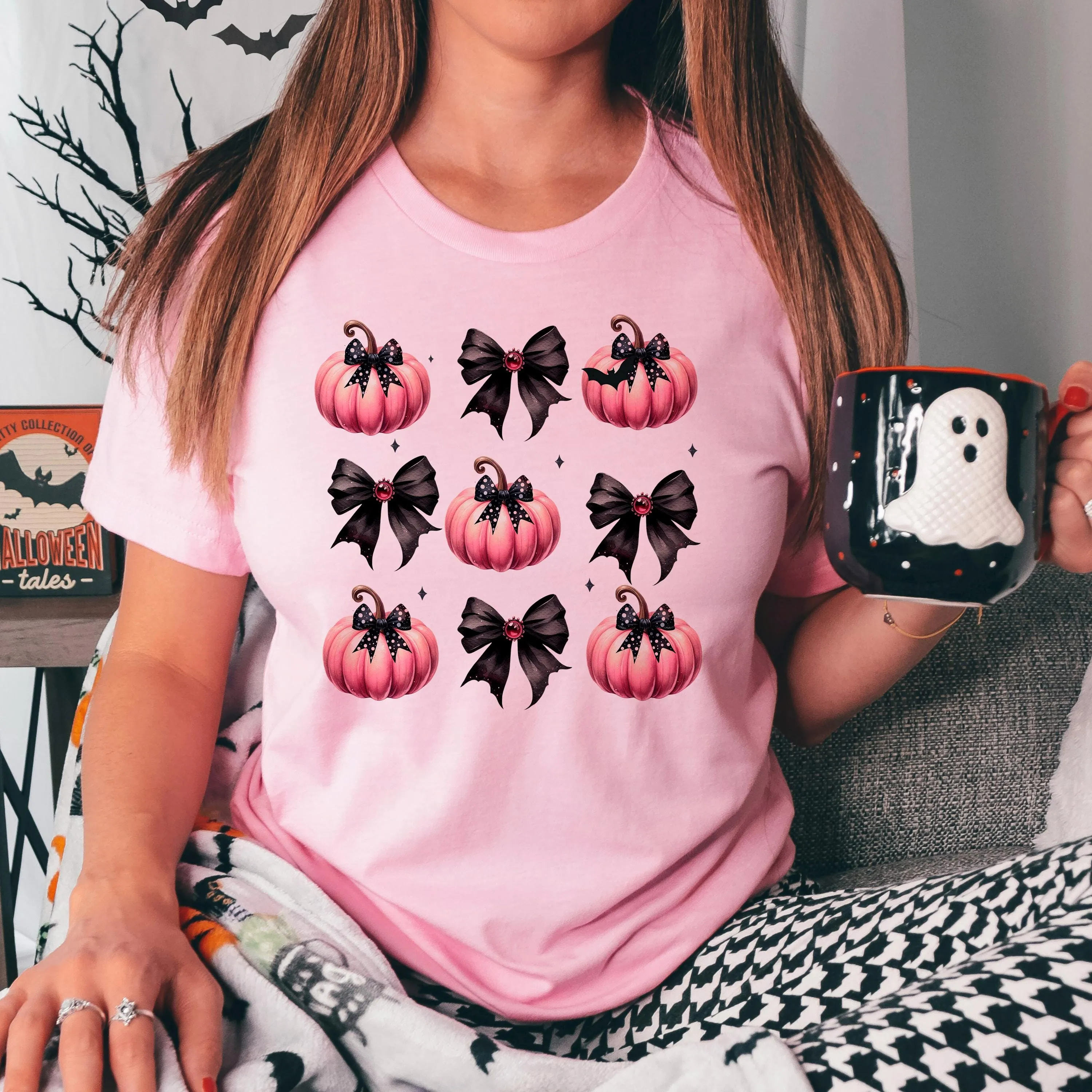 Coquette Halloween Shirt for her - Pink Pumpkins Black Bows - Pink Halloween Tshirt - Fall Shirt