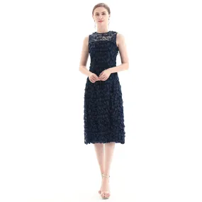 D117 Women 3D flower embroidered tulle sleeveless straight-cut party midi dress