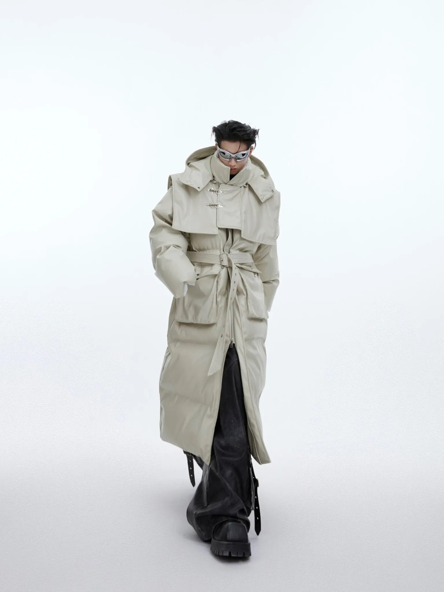 Deconstructed Longline Hooded Puffer | Designer Thick Leather Overcoat