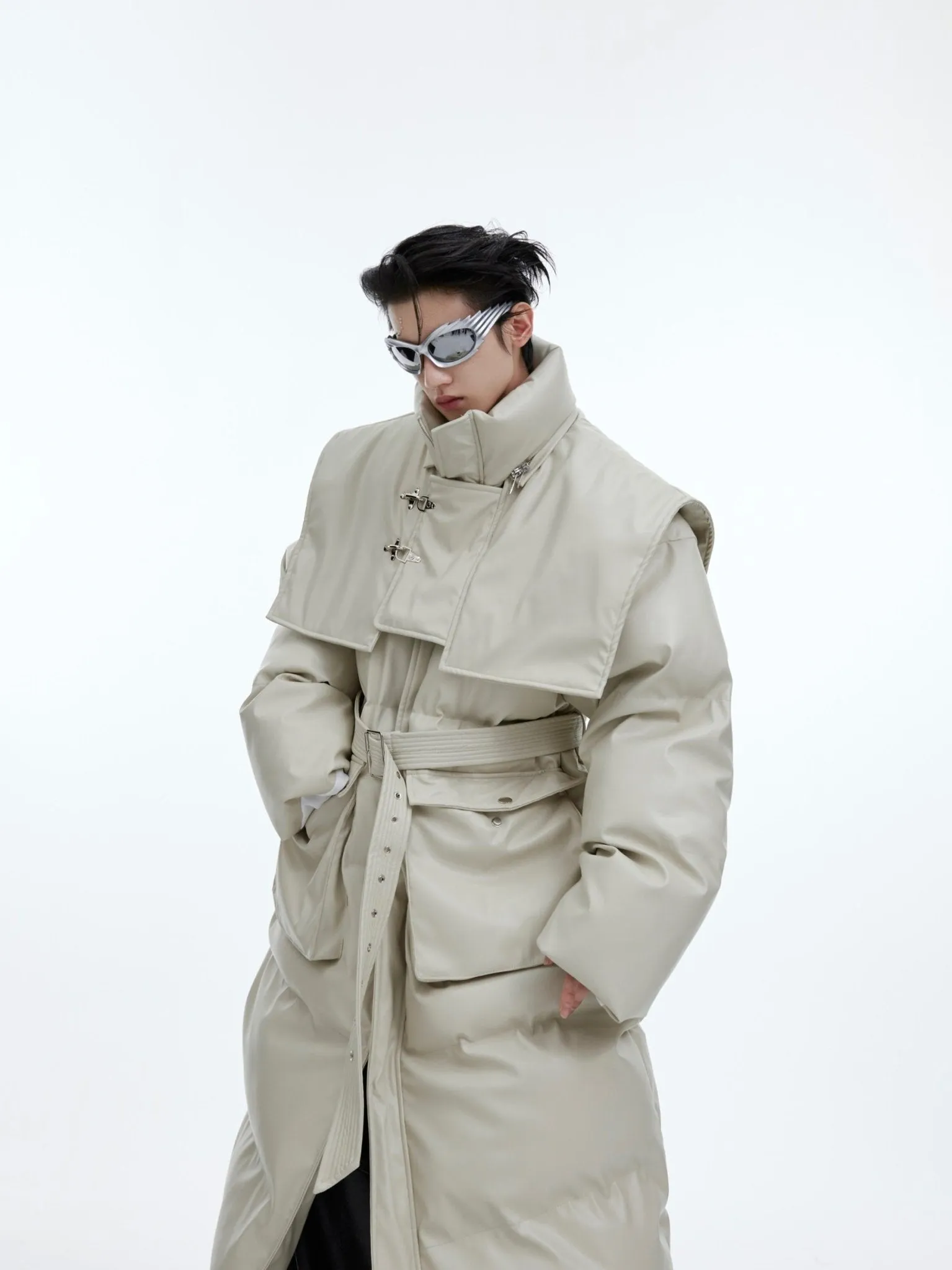 Deconstructed Longline Hooded Puffer | Designer Thick Leather Overcoat