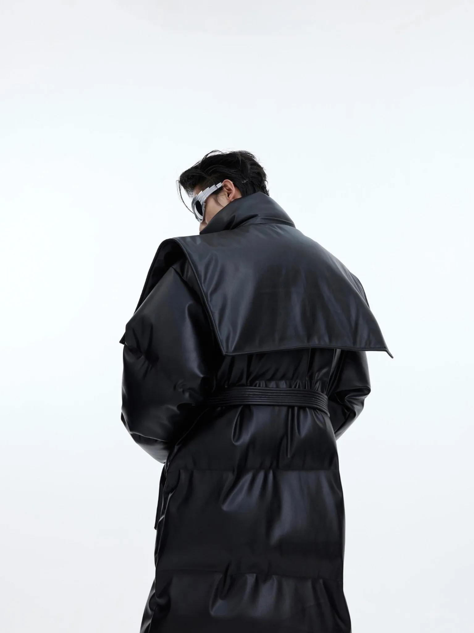 Deconstructed Longline Hooded Puffer | Designer Thick Leather Overcoat