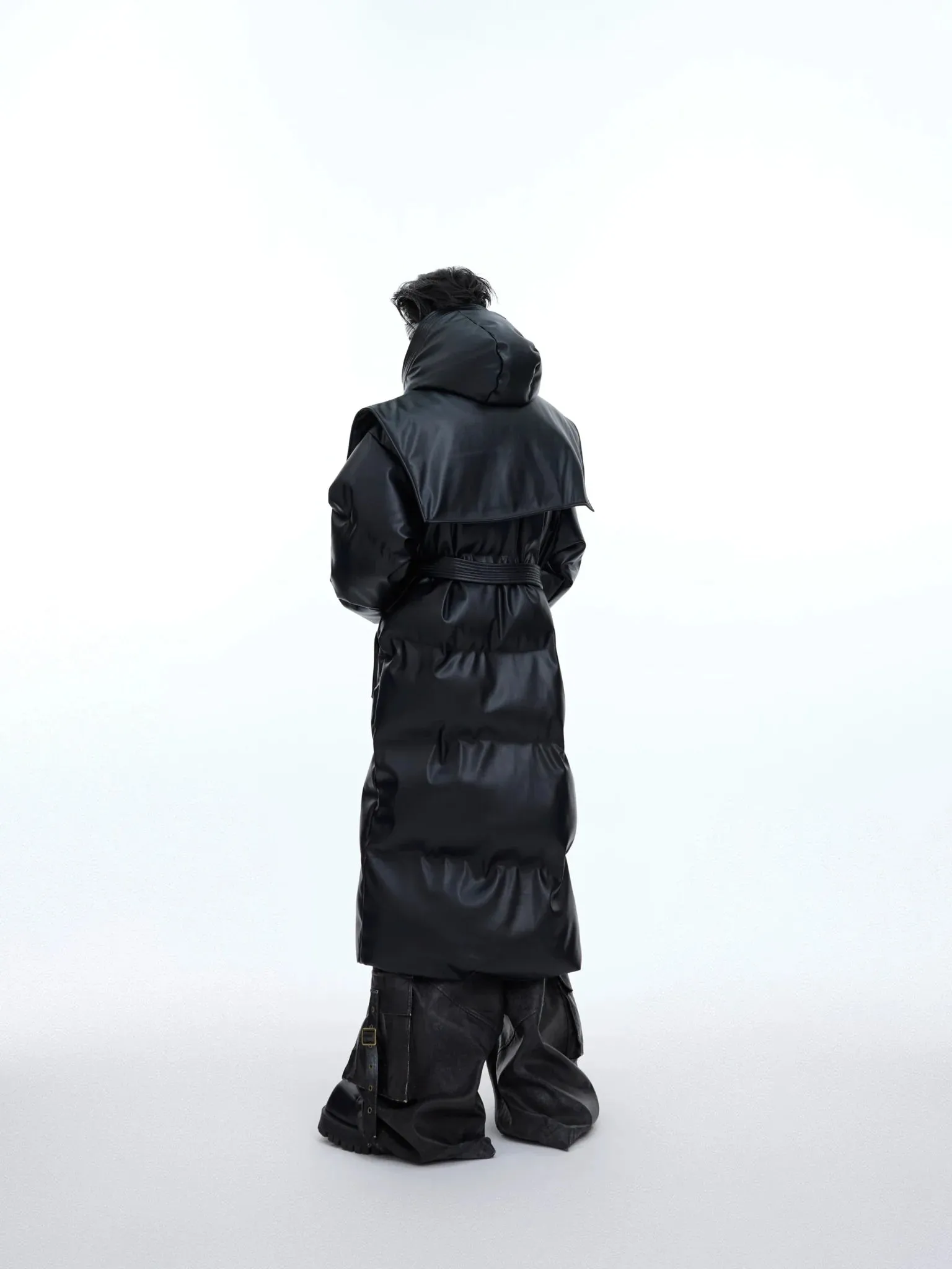 Deconstructed Longline Hooded Puffer | Designer Thick Leather Overcoat