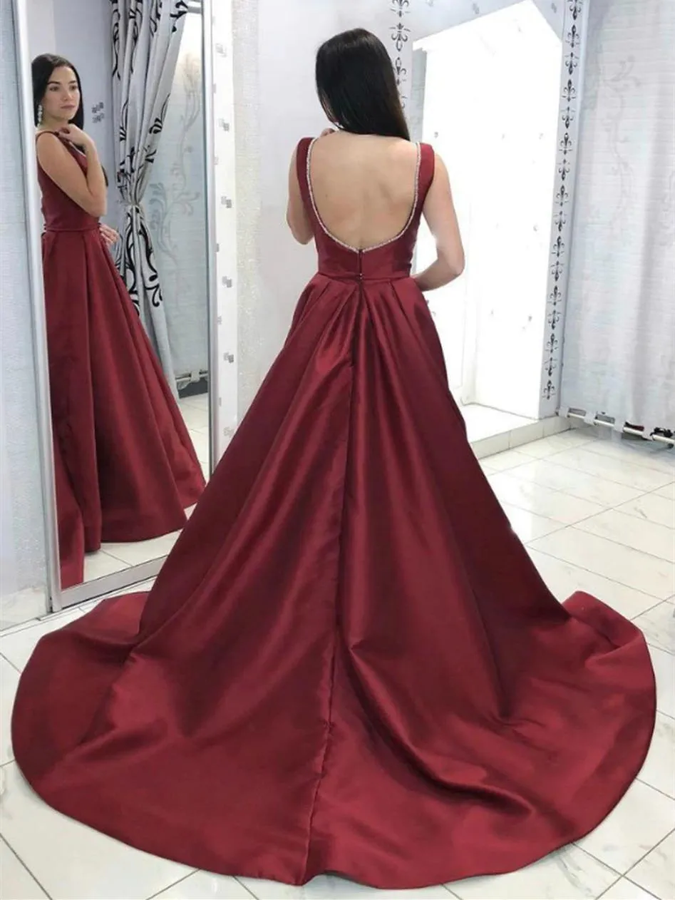 Deep V Neck Backless Burgundy Satin Long Prom, Backless Burgundy Formal, Burgundy Evening