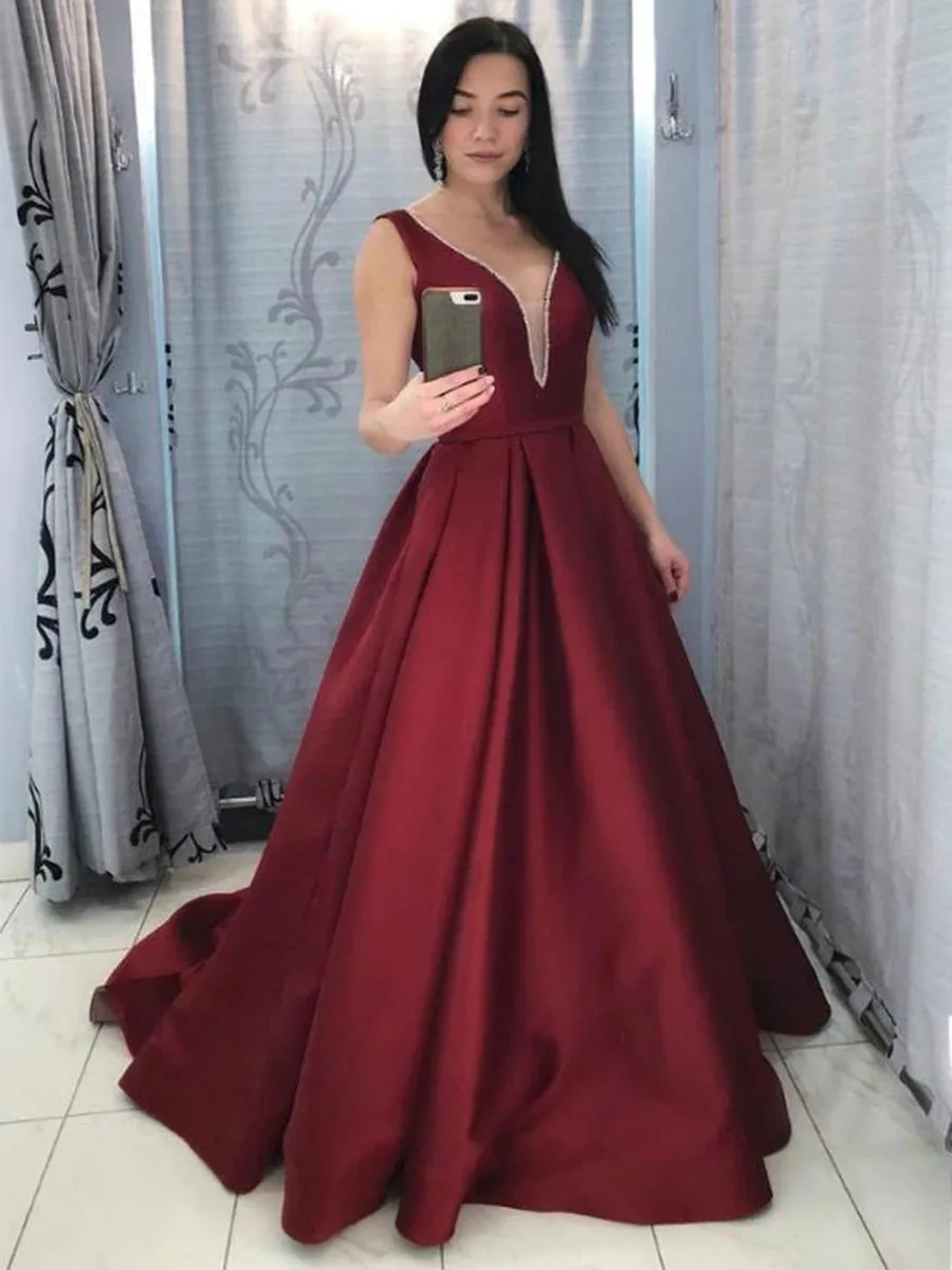 Deep V Neck Backless Burgundy Satin Long Prom, Backless Burgundy Formal, Burgundy Evening