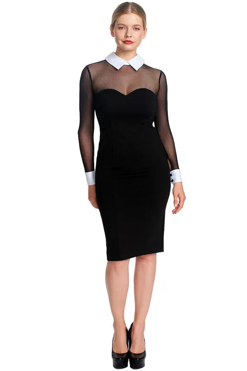 Elegant Tuxedo-Inspired Midi Dress with Mesh Sleeves