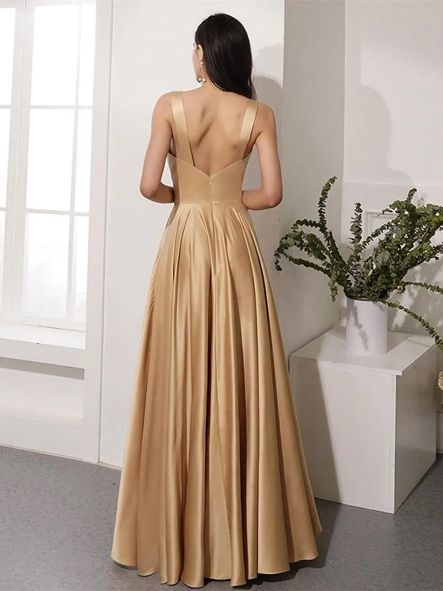 Elegant V Neck Open Back Golden Long Prom with Leg Slit, V Neck Golden Formal Graduation Evening, Golden Party